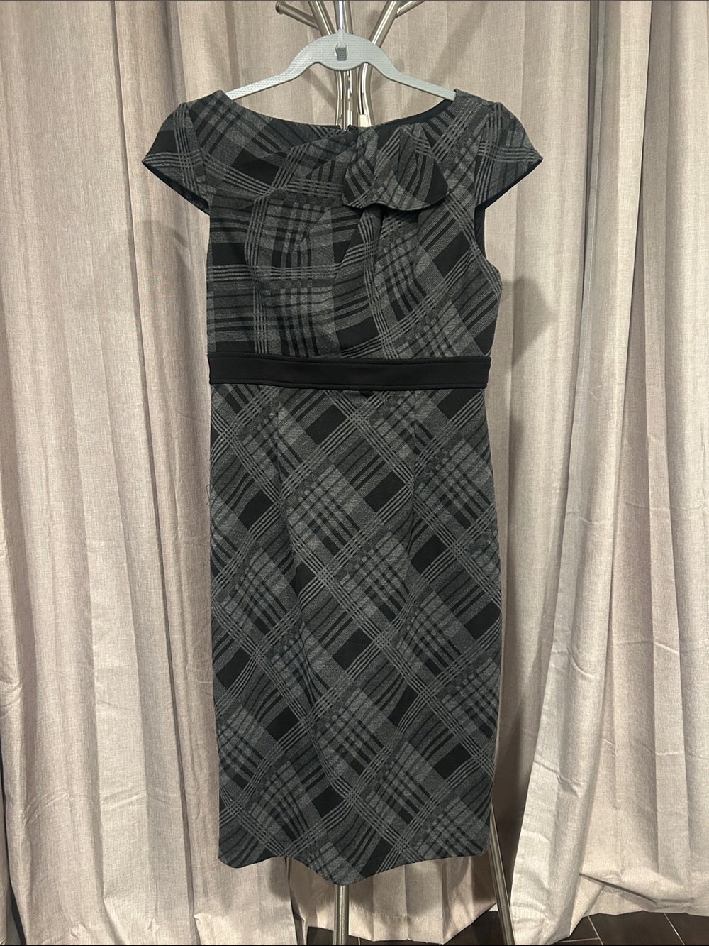 Adrianna Papell Black & Gray Plaid Midi Sheath Dress